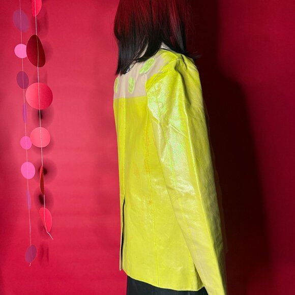 Hand-Painted Upcycled Leather Blazer | Neon Yellow + Cream | Unique Artsy Street - Picture 5 of 12